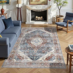 Deerly Boho Area Rug 4x6 Bedroom Rugs Ultra Soft Indoor Washable Rugs for Living Room Bedroom Laundry Room Decor, Low Pile Non-Slip Backing(Border Brown/Navy Blue)