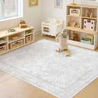 6x9 Area Rugs for Living Room: Washable Vintage Floral Rug Low Pile Non-Slip Boho Carpet for Nursery Bedroom Dining Room (Floral Grey, 6'x9')