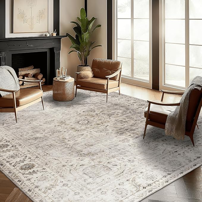 ReaLife Rugs Machine Washable Area Rug - Stain Resistant,Non-Shed - Eco-Friendly,Non-Slip, Family & Pet Friendly - Made from Premium Recycled Fiber - Vintage Bohemian Medallion - Beige Ivory, 3' x 5'