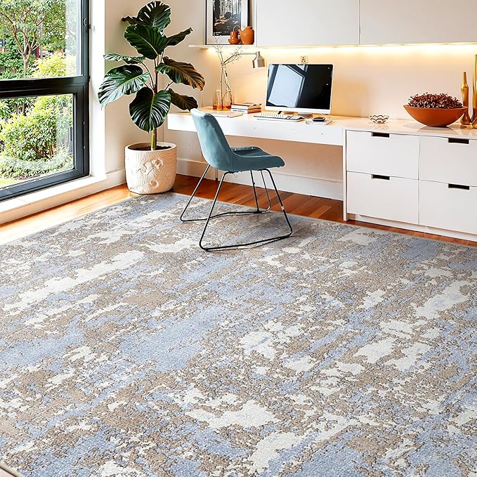 WITSHOCK 8x10 Area Rugs for Living Room: Washable Abstract Large Rug for Dining Room Bedroom Carpet Non Slip 8 by 10 Indoor Modern Nursery Home Office Blue Brown