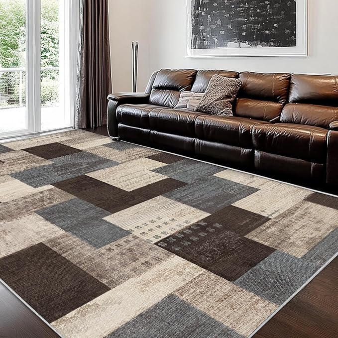 Modern Geometric Patchwork Indoor Area Rug for Living Room, Blue-Taupe 6'x 9' Large Rug Rockwood Collection Hardwood Floors Decor for Bedroom, Blue Throw Carpet for Office Entryway Dining Room