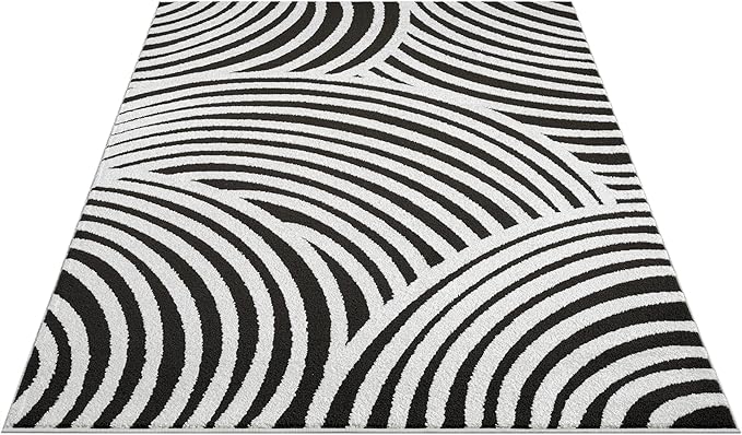 Abani Nomad Cream & Black Area Rug 2' x 3' for Living Room, Bedroom - Black Linear Curves Design - Durable & Easy to Clean