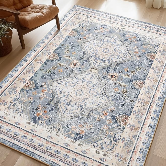Phantoscope Washable Area Rug 4'x6' Non-Slip, Vintage Neutral Rugs for Living Room, Bedroom, Dining Room, Distressed Boho Geometric Medallion Pattern, Low-Pile Foldable Floor Carpet, Dusty Blue/Multi