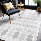 CAMILSON Micro Loop Rug 4x6 Modern Luxury Geometric Boho Diamond Area Rugs Soft High and Low Pile Stain Resistant Easy-Cleaning Non-Shedding for Living Room Office Indoor Carpet (4 x 6 / White - Gray)