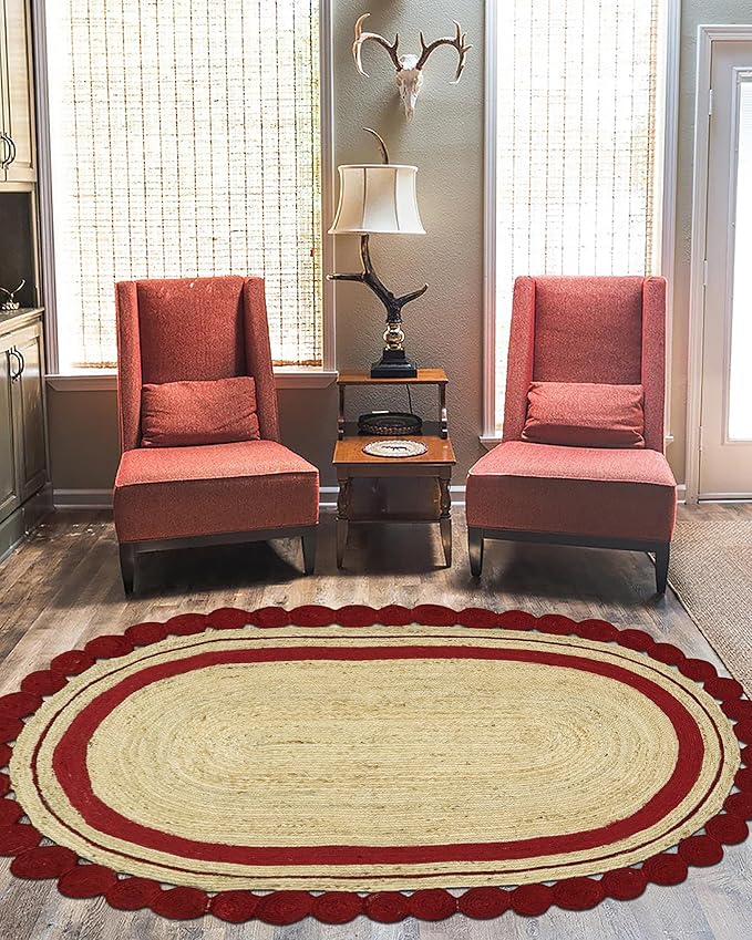 12x15 Oval Jute Rug – Hand Braided Natural Jute Carpet, Solid Red Beige, 0.27" Thick Flatweave, Handmade Boho Oval Rug for Living Room, Dining Room, Bedroom