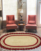5x7 Kilim Oval Rug – Solid Red Beige Handmade Boho Rug, 0.27" Thick Flatweave, Hand Braided Natural Jute Carpet for Bedroom, Living Room, Dining Area