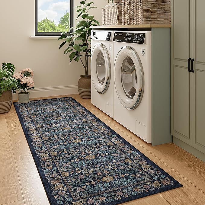 DUKINO 2.6x8 Runner Rug for Hallway, Washable Vintage Floral Kitchen Rug with Non Slip Backing, Soft Low Pile Throw Carpet Runner for Kitchen, Laundry, Hallway, Bathroom, Dark Blue