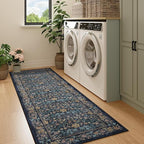 DUKINO 2x6 Runner Rug for Hallway, Washable Vintage Floral Kitchen Rug with Non Slip Backing, Soft Low Pile Throw Carpet Runner for Kitchen, Laundry, Hallway, Bathroom, Dark Blue