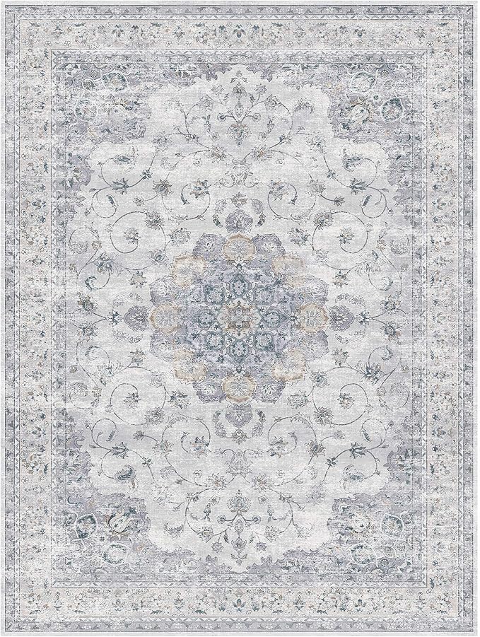 HUGEAR Machine Washable Area Rugs 8x10 Vintage Blue Large Living Room Bedroom Rug Neutral Style Non Slip Stain Resistant Low Pile Throw Carpet for Home Retro Aesthetic Modern Decor