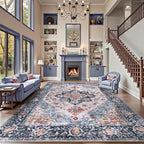 SERISSA Washable Rugs 9x12 Area Rugs, Large Non-Slip Blue Orange Living Room Rug, Ultra Soft Boho Vintage Print Distressed Oriental Farmhouse Carpet for Dining Room Bedroom Dorm Office Home Decor