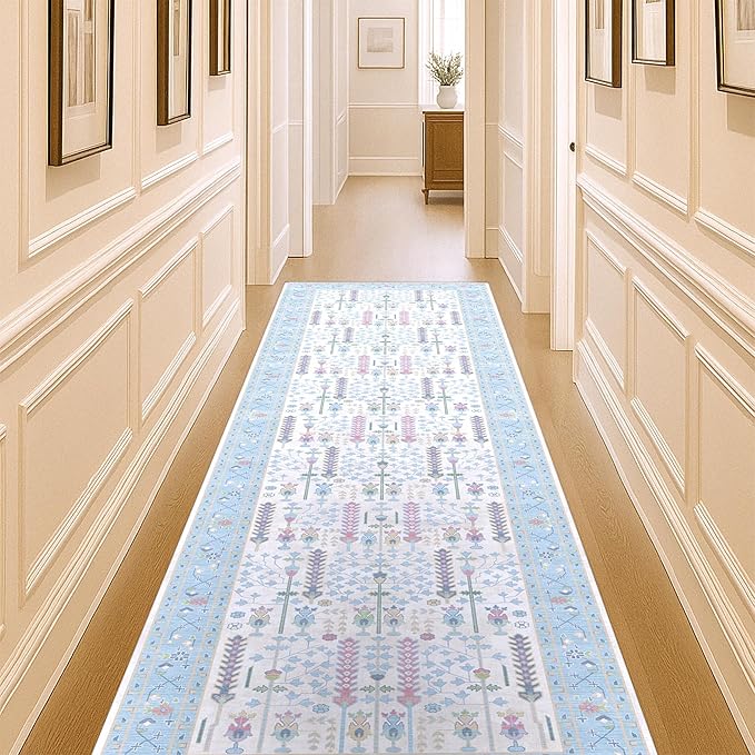 Fame Living Cream Blue Oushak Runner Rug, Modern Runners, Vintage, Turkish, Eclectic, Floral, Pastel, Washable, Runner for Hallway, Kitchen, Bedroom, Bathroom, 2'5"x9'8"
