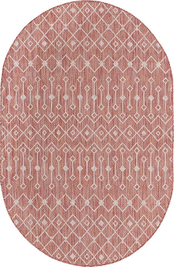 Unique Loom Outdoor Trellis Collection Area Rug - Tribal Trellis (5' 3" x 8' Oval, Rust Red/ Ivory)