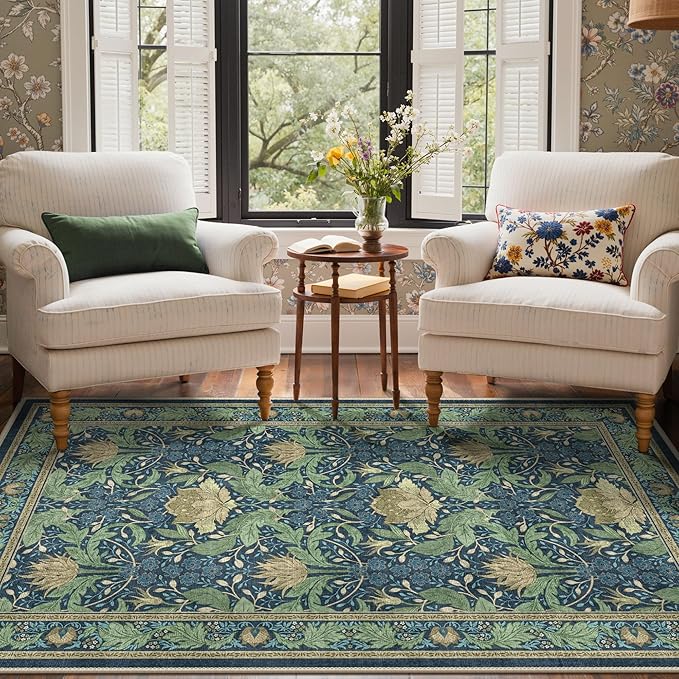Bavni 4x6 Area Rugs, Floral Machine Washable Rugs for Living Room, Dinning Room, Bedroom, Non Slip Aesthetic Vintage Low Pile Durable Lightweight Farmhouse Rug, Tea Green/Blue