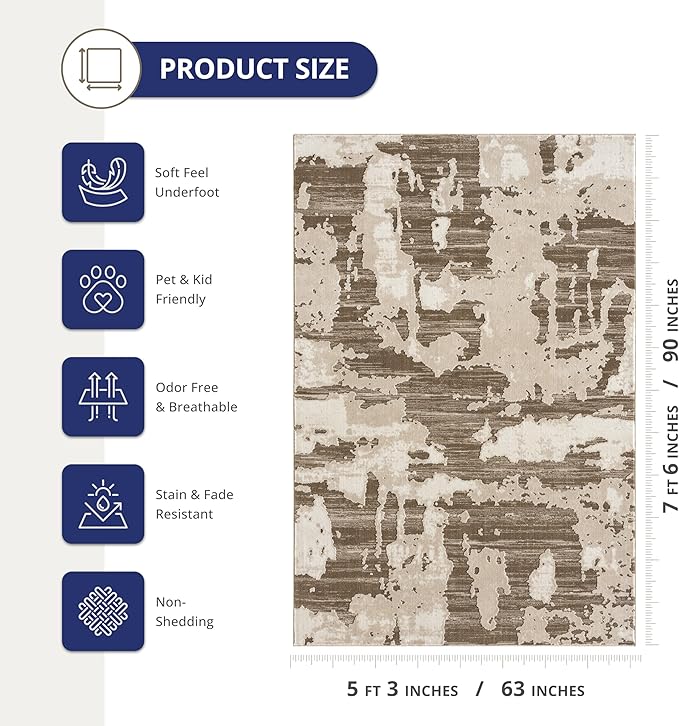 Abani Terra Area Rug for Living Room, Bedroom - Abstract Pattern - Brown Cream - 5' x 8' - Durable & Easy to Clean