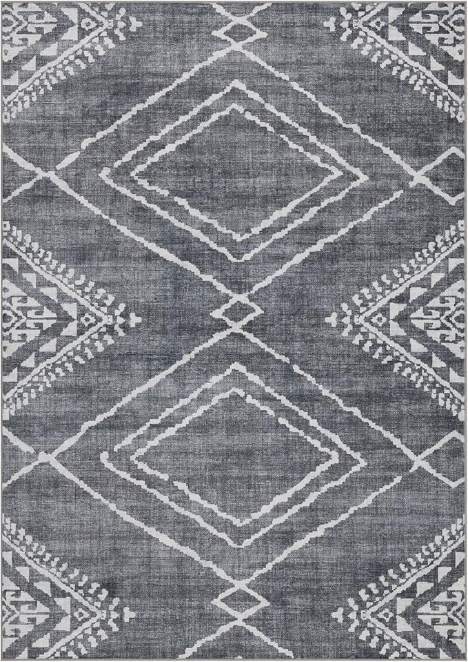 ReaLife Rugs Machine Washable Area Rug - Living Room Bedroom Bathroom Kitchen Entryway Office - Padded Crease Free Stain Resistant Premium - Moroccan Diamond Tribal- Jax - Gray- 2'x 3'