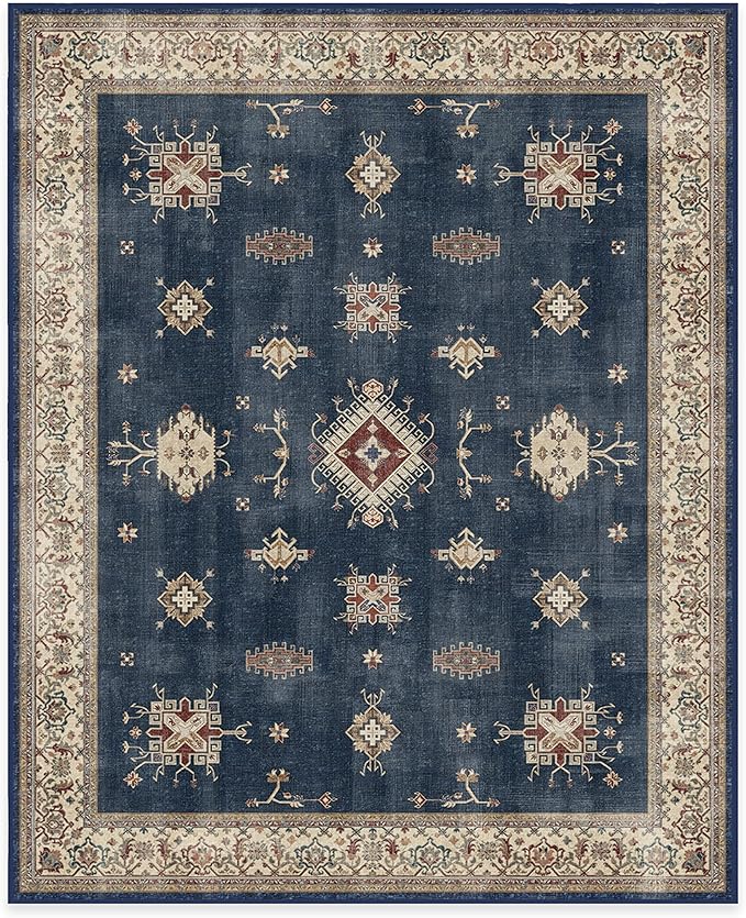 RUGGABLE Washable Vintage Area Rug – Verena Sapphire 8x10, Stain-Resistant, Non-Slip – Large Machine Washable Rugs for Living Room, Bedroom, Hallway, Entryway & Office–with Cushioned Pad