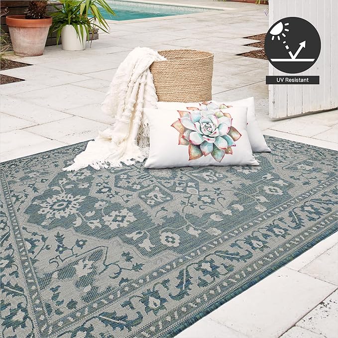 FH Home Flat Woven Outdoor Rug - Waterproof, Easy to Clean, Stain Resistant - Premium Polypropylene Yarn - Vintage - Patio, Deck, Porch, Balcony, Laundry - Shiraz - Ocean - 3ft 11 in x 5ft 6in