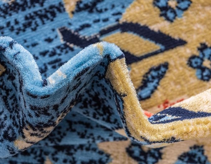 Unique Loom Taftan Collection Border Geometric Tribal Inspired Design Area Rug (9' 10 x 13' 0 Rectangular, Light Blue/ Gold)