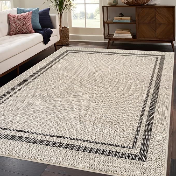 Beverly Rug Easy Jute Bordered Rug 5x7 Washable Durable Indoor Outdoor Area Rugs for Living Dining Room Patio Office Stain Resistant Non Shedding Casual Indoor Outside Carpet 5 x 7 Off-White