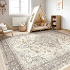 12x15 Area Rug Living Room: Washable Boho Large Neutral Vintage Soft Rugs Stain Resistant Farmhouse Non Slip Indoor Floor Carpet for Bedroom Nursery Kids Playroom Office Dining Room Home Decor- Brown