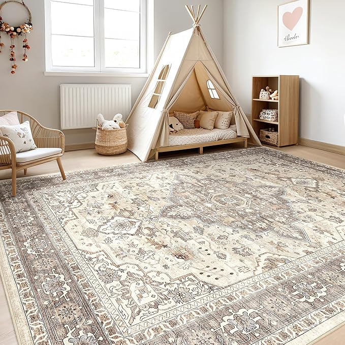 12x15 Area Rug Living Room: Washable Boho Large Neutral Vintage Soft Rugs Stain Resistant Farmhouse Non Slip Indoor Floor Carpet for Bedroom Nursery Kids Playroom Office Dining Room Home Decor- Brown