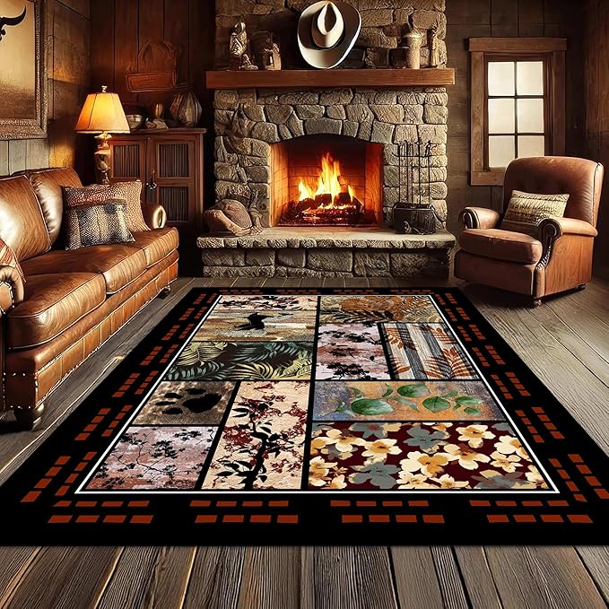 Rustic Cabin Area Rug 5x7ft, Animal & Moroccan Plaid Pattern Vintage Boho Carpet, Stain-Resistant Pet-Friendly & Non-Slip Low Pile for Living Room, Bedroom, Dining Room