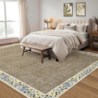 GarveeHome Washable Living Room Rug 9x12 Floral Bordered Area Rugs Soft Thin Indoor Carpet for Bedroom Modern Throw Aesthetic Mat Non Slip Stain Resistant Carpet for Dining Room Office, Dark Camel