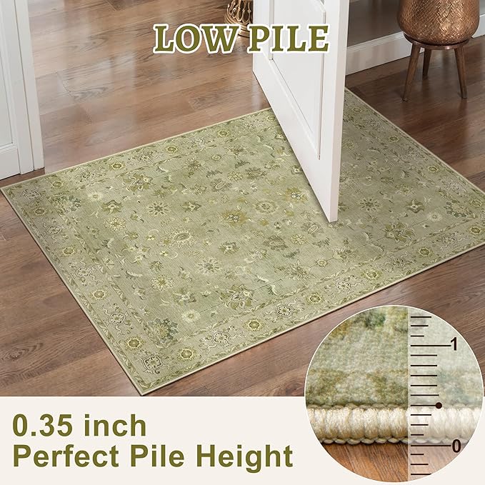 Tangsoo 8x10 Area Rug for Living Room, Washable Floral Vintage Indoor Non Slip Large Area Rugs, Print Distressed Flaxen Green Carpet, Soft Low Pile Foldable Floor Rugs for Bedroom Dining Room