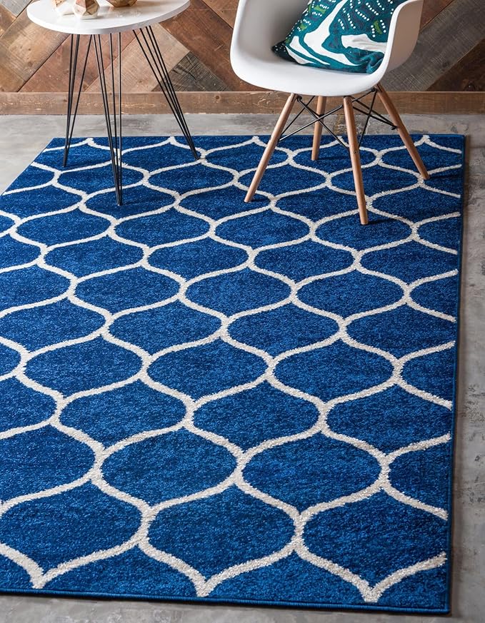 Rugs.com Lattice Frieze Collection Rug – 10' x 13' Navy Blue Medium Rug Perfect for Living Rooms, Large Dining Rooms, Open Floorplans
