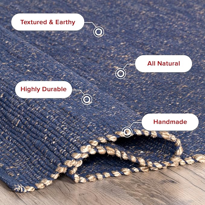 nuLOOM 2'6" x 8' Elfriede Jute & Cotton Hand Woven Area Rug, Blue, Solid Rustic Farmhouse Style, Weaved Design, Natural Fiber, For Bedroom, Living Room, Dining Room, Hallway, Office, Entryway