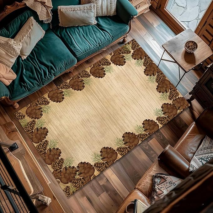 Rustic Lodge Brown Area Rug 5x6ft Pine Cone Leaf Botanical Print Home Decor Non Slip Washable Rug Pine Cones Area Rug Low Pile Thin Indoor Throw Carpet Rug for Laundry Dining Room Office