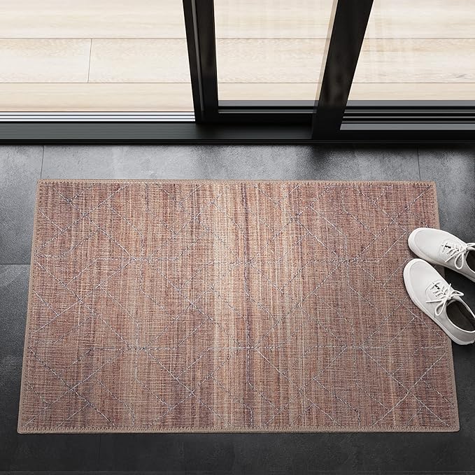 GLN Rugs Contemporary Collection - Machine Washable Area Rug, Contemporary Washable, Non Slip, Low Pile Chenille Rug, Living Room, Bedroom, Kitchen Rug (3' x 5' Terra/Brown)