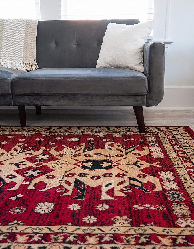 Unique Loom Taftan Collection Border Geometric Tribal Inspired Design Area Rug (8' 0 x 8' 0 Square, Red/ Gold)