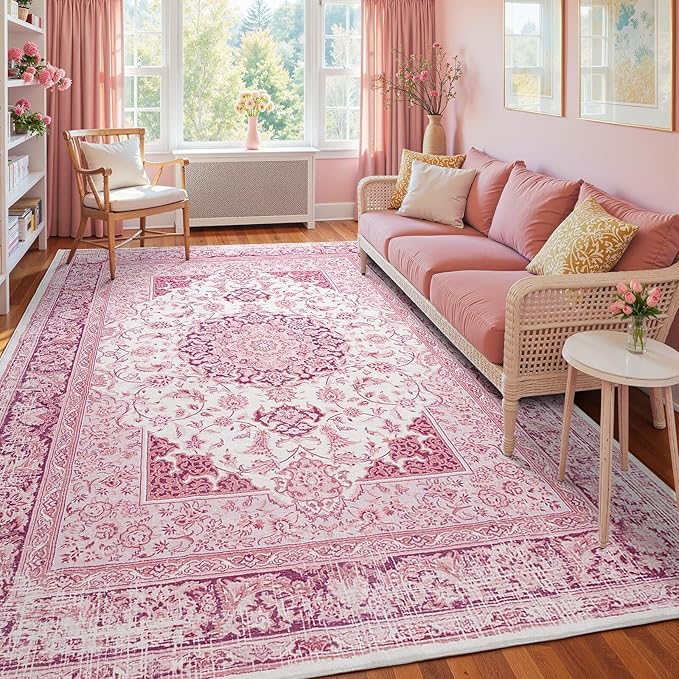5x7 Bright Pink Area Rug for Living Room, Machine Washable Rugs with Non-Slip Backing for Girls Bedroom, Cute Vintage Carpet for Kitchen Laundry Kids Room