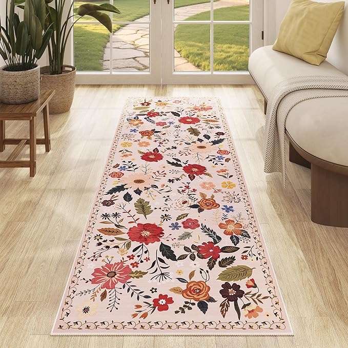Rug Runners 2x6, Floral Washable Kitchen Rugs for Hallways Area Rugs, Non Slip Long Rug Low Pile Doormat Flower Carpet for Kitchen, Entryway Indoor, Bedroom, Bathroom, Laundry, Pink/Beige