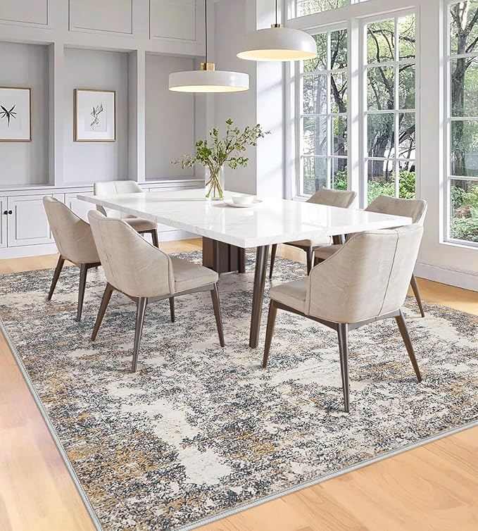 6x9 Washable Area Rugs - Modern Abstract Rugs for Living Room Non-Slip Low Pile Soft Machine Washable Carpet for Bedroom, Dining Room, Nursery, Home Office, Farmhouse (6'x9' Tan Blue)