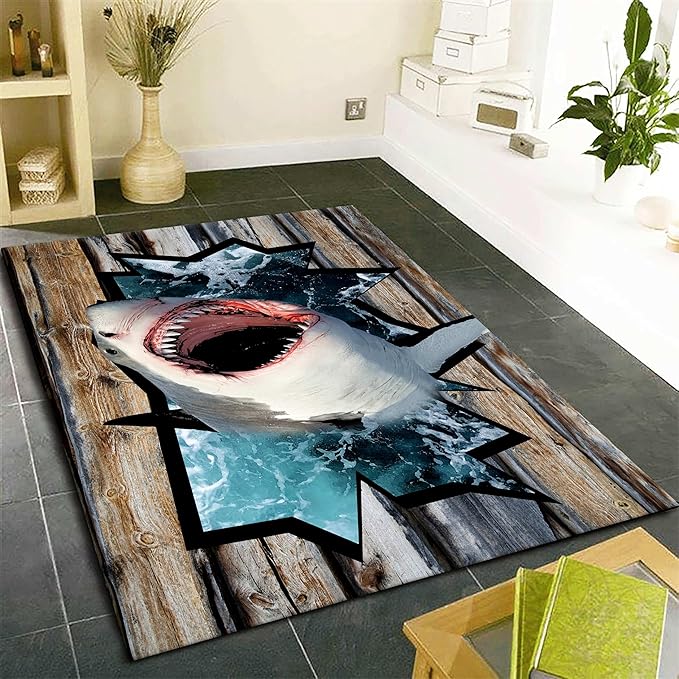 Sea Shark Kids Rugs, 5x8ft, Fierce Shark 3D Printed Carpet for Indoor, Marine Animals Broken Wooden Boards Realistic Effect Floor Mat, Dirty Resistant Machine Washable Carpets for Dorm