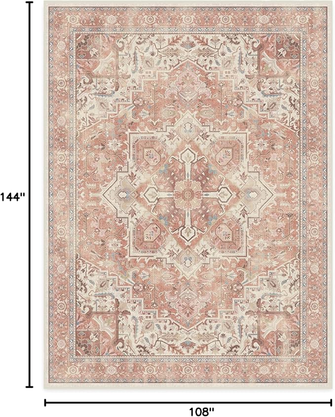 RUGGABLE Washable Area Rug – Kamran Rose Pink 9x12, Stain-Resistant, Non-Slip – Large Machine Washable Rugs for Living Room, Bedroom, Hallway, Entryway & Office–with Cushioned Pad