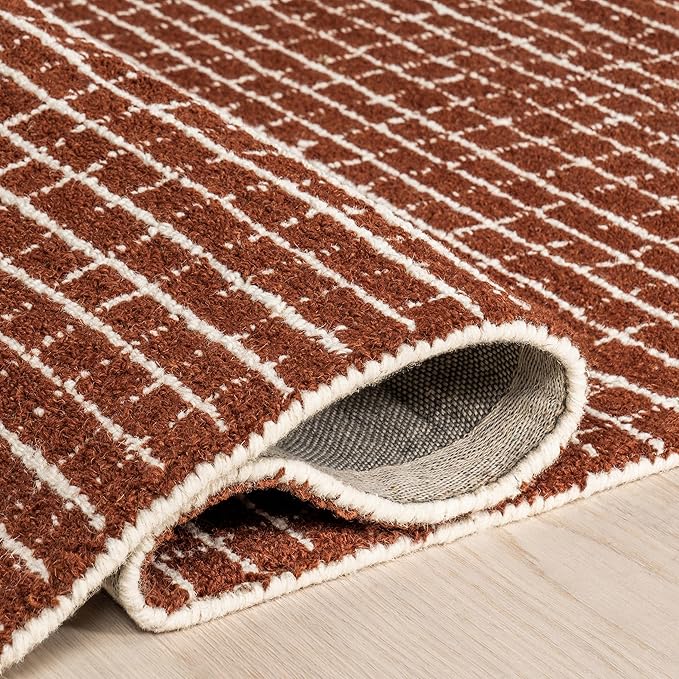 Rugs USA 6x9 Melrose Checked Wool Indoor Area Rug, Contemporary Farmhouse Chestnut/Ivory for Living Room, Bedroom, Office, Entryway, Hallway