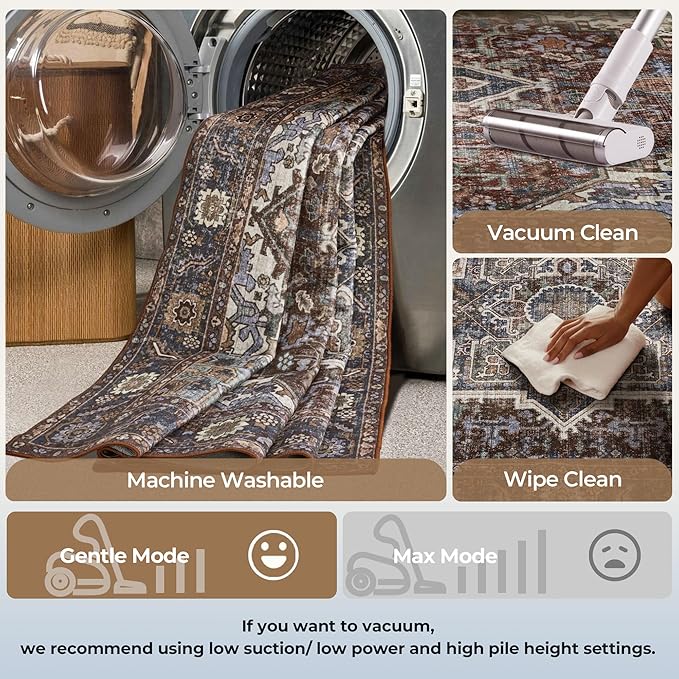 Kokia 9x12 Washable Area Rugs Maroon with Vintage Orient Design, Soft Rug for Living Room or Bedroom, Non-Slip Low Pile Stain Resistance Features, Distressed Medallion Pattern