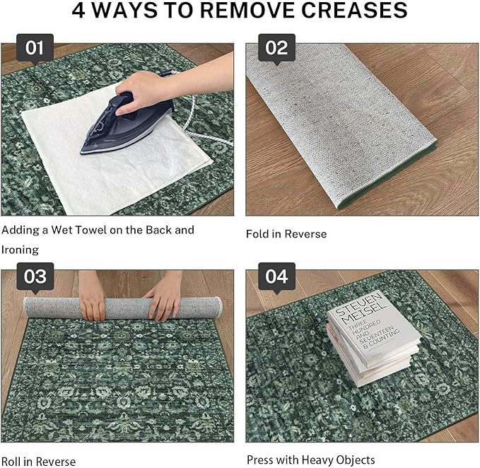 Vintage Entryway Rug 2x3 Washable, Dark Green White Kitchen Rug, Super Soft Thin Faux Wool Small Area Rug, Non-Slip Accent Mat for Foyer, Bedroom, Office