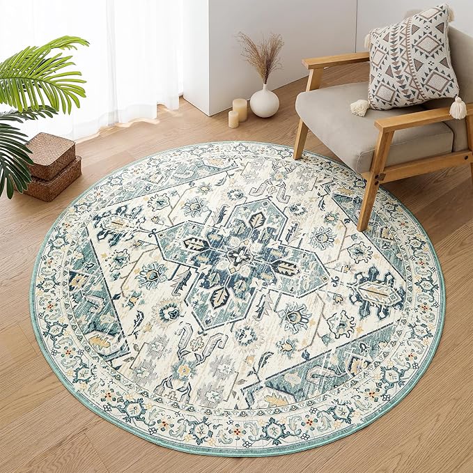 VK VK·LIVING Round Washable Rug 5'Ft Vintage Machine Washable Area Rugs with Non Slip Round Rugs for Living Room Bedroom Traditional Woven Carpet Stain Resistant Dining Office Boho Rug,Green&Beige