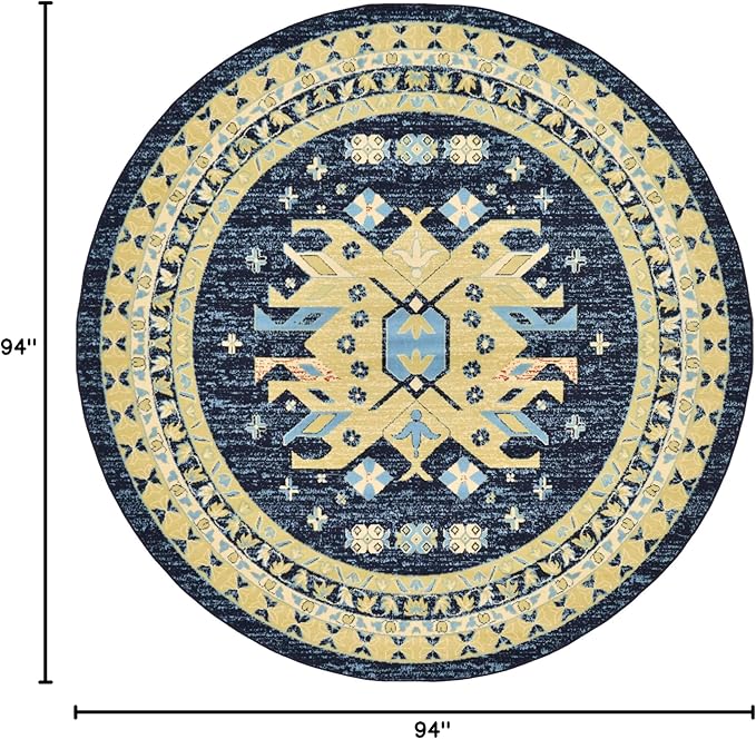 Unique Loom Taftan Collection Border Geometric Tribal Inspired Design Area Rug (8' 0 x 8' 0 Round, Navy Blue/ Gold)