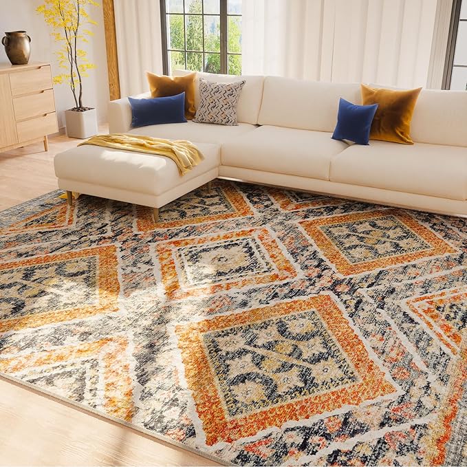 Area Rug 4x6 Rug Machine Washable Non-Slip Low Pile Print Pattern Western Rug for Living Room Bedroom Entryway Tribal Series -Orange/Brown