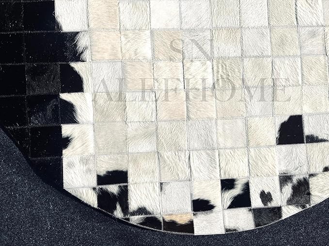 Round Geometric Patchwork Cowhide Leather Area Rug – Washable Non-Slip Modern Carpet for Living Room, Bedroom, Office & Home Décor, Faux Cowhide Accent Rug (Black & White, 10×10ft)