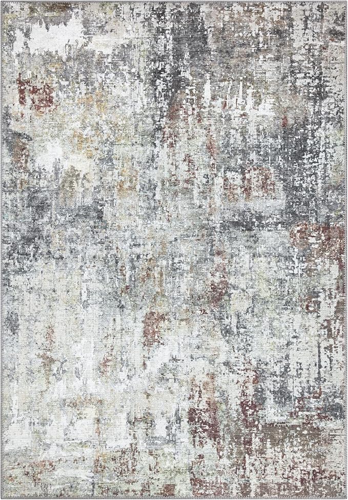 Bloom Rugs Washable Non-Slip 3' x 5' Rug - Gray/Red/Brown Modern Abstract Area Rug for Living Room, Bedroom, Dining Room, and Kitchen - Exact Size: 3' x 5'
