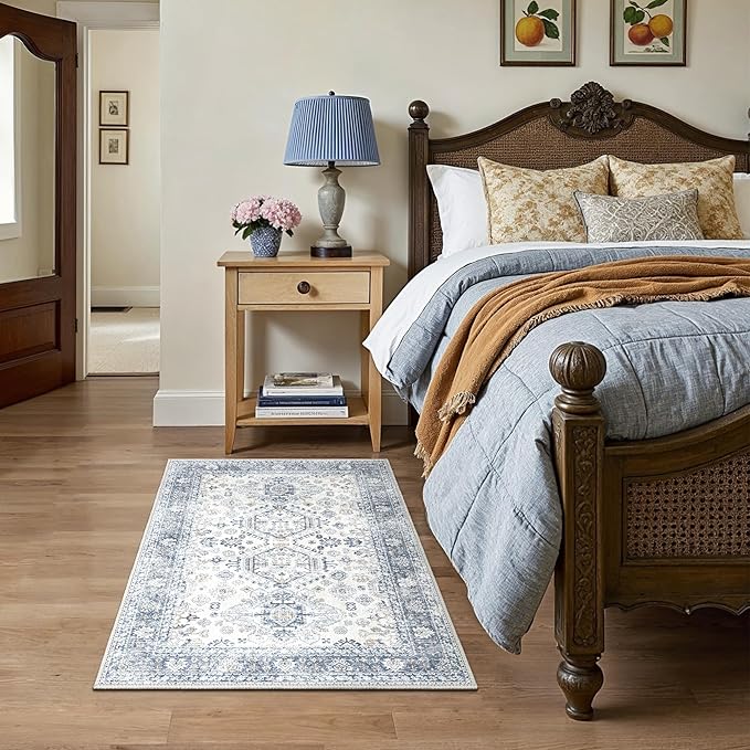 Bavni 3x5 Area Rug for Living Room Bedroom, Washable Boho Print Vintage Aesthetic Rug, Ultra-Thin Low Pile Rugs for Entryway Playroom with Non Slip Backing, Light Blue