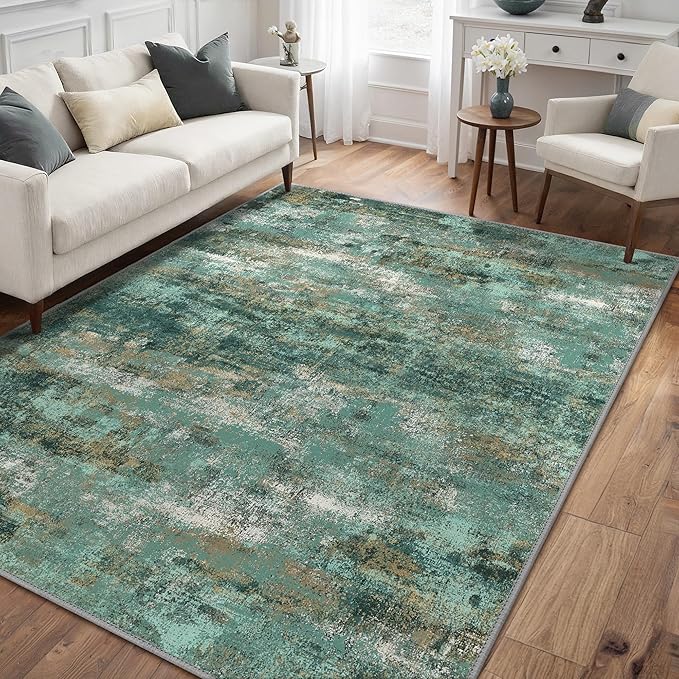 GENIMO Abstract Area Rug 5x7, Washable Modern Rug Non Slip, Low Pile Lightweight Soft Large Carpet for Living Room, Bedroom, Dining Room, Turquoise
