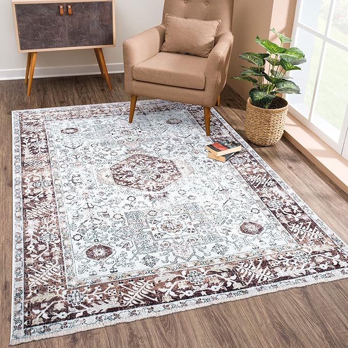 Bloom Rugs Caria Washable Non-Slip 5x7 Rug - Beige/Brown Traditional Area Rug for Living Room, Bedroom, Dining Room, and Kitchen - Exact Size: 5' x 7'