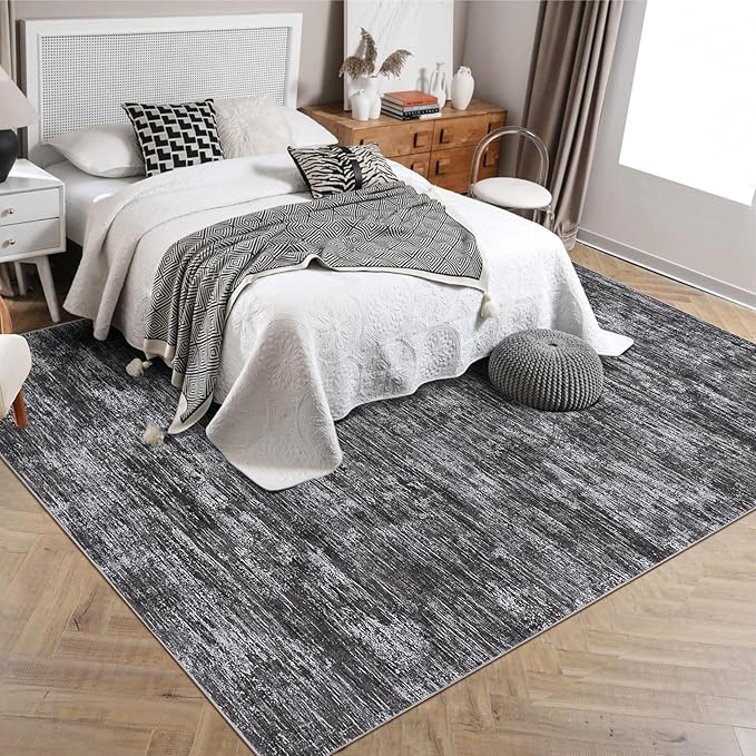 RUGSREAL Washable Rug 10x13 for Living Room Modern Abstract Area Rug Non-Slip Large Contemporary Bedroom Rug Stain Resistant Aesthetic Accent Floor Carpet Foldable Solid Rug for Home Office, Dark Grey